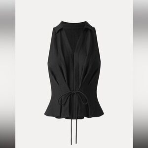 OGL Viscose-Linen Weave Collared V-neck Pleated Sleeveless Top Drawstring Black